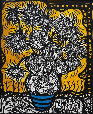 une peinture représentant un vase avec des fleurs sur une table