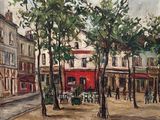 un tableau représentant une scène de rue avec des passants