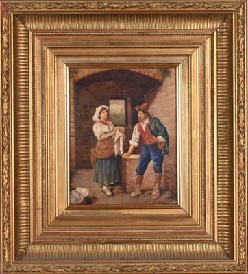 un vieux tableau représentant un homme et une femme debout dans une entrée