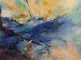 abstract painting of blue and yellow watercolors on a white background