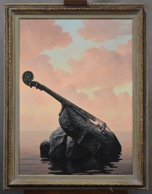 une peinture à l'huile représentant un violoncelle posé sur un rocher dans l'eau