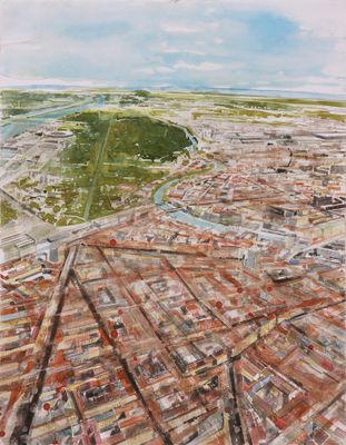 une vue aérienne d'une ville avec de nombreux bâtiments et beaucoup d'eau