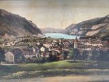 painting of a view of a town with a lake and mountains in the background