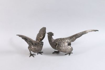 Paire de faisan affrontés en argent minimum 800‰ . Poinçonnés sous les - Photo 1