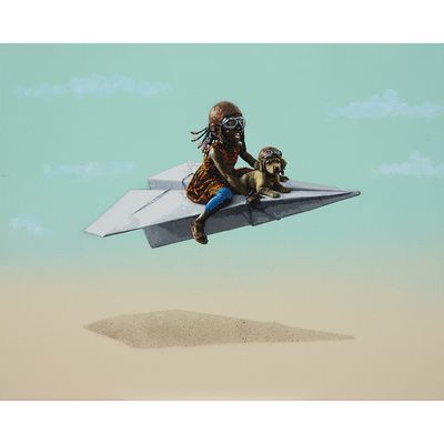peinture représentant une femme et un enfant à bord d'un avion en papier dans le ciel