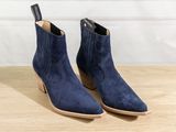 a pair of blue sued ankle boots on a wooden table