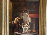 painting of a woman and child in a kitchen with a man in the background