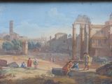 painting of a view of a roman city with people in the foreground and a clock tower in the background