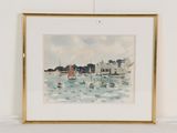 une photo d'une aquarelle représentant des bateaux sur l'eau