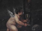 a painting of a cupid kneeling on the ground next to a cat