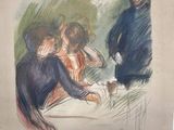 dessin représentant un groupe de personnes assises à une table, avec un homme à l'arrière-plan