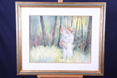 un tableau représentant une femme tenant un panier de fleurs posé sur un chevalet