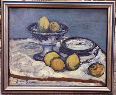 a painting of a bowl of fruit on a table