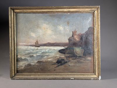 une peinture à l'huile représentant un bateau sur une plage près d'une falaise