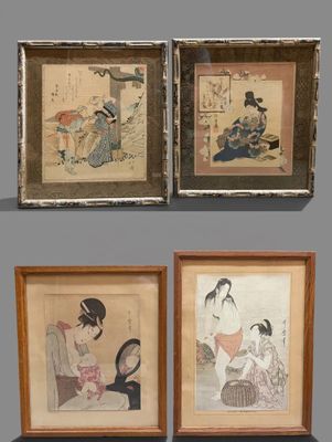 three framed asian paintings of women sitting on a bench