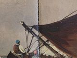 a painting of a boat in the water with people on it