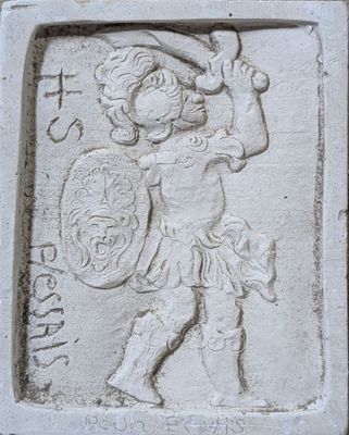 an image of a relief of a man holding a shield and shield