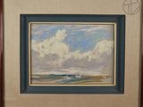an image of a painting of a beach scene with a boat in the water