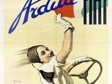 une vieille affiche représentant une femme au volant d'une voiture, tenant une balle dans la main