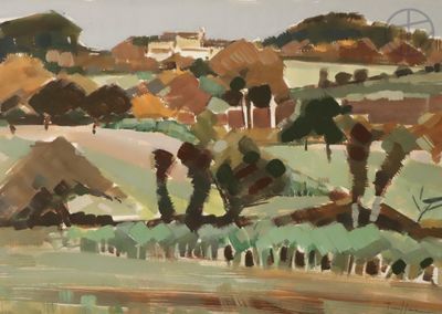 une peinture d'un paysage avec une rivière au premier plan
