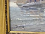 a painting of a boat in the water with people on it