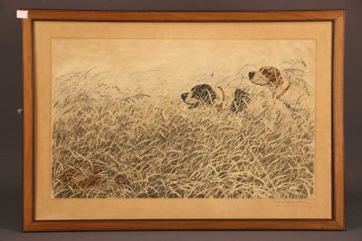 a painting of two dogs in a field of tall grass