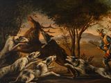 an image of a painting of a man on a horse chasing a pack of dogs