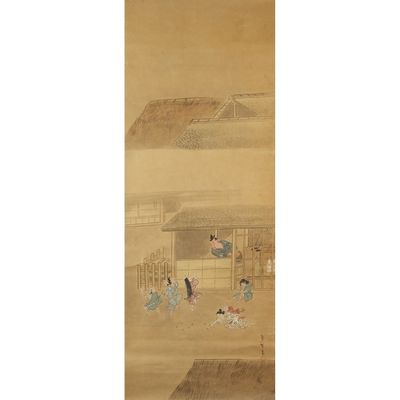 an oriental painting of a group of people outside a building