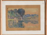 an image of a picture of a painting of a boat on the water