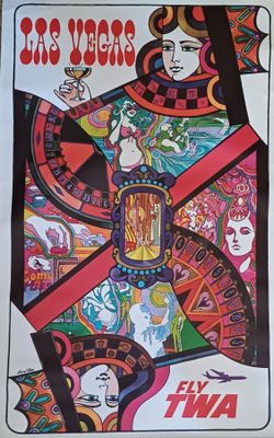 une affiche pour le spectacle de Las Vegas représentant une femme vêtue d'un costume aux motifs de cartes à jouer