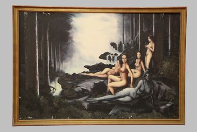 tableau représentant un groupe de femmes nues assises sur un rocher dans une forêt