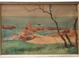 une image d'une peinture représentant une scène de plage avec un bateau dans l'eau