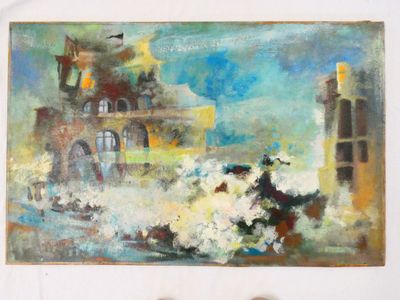 a painting on the wall of a building with a vase of flowers