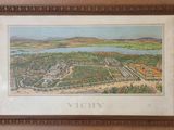 painting of a view of a city with a lake and mountains in the background