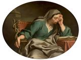 an image of a painting of a woman sitting at a table with a book
