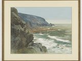 an image of a painting of a rocky coast with waves coming in