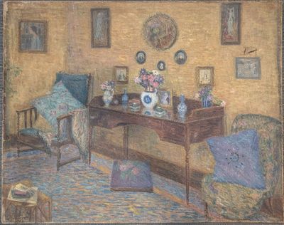 un tableau représentant une pièce avec un bureau et une chaise