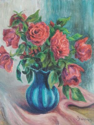 une peinture de roses dans un vase bleu sur une table