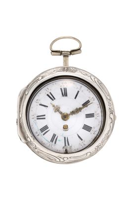 a silver pocket watch with roman numerals on the face