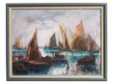 une peinture à l'huile représentant des bateaux dans un port par temps nuageux
