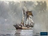 a watercolor painting of a sailboat in the water