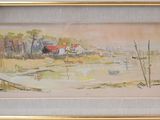 framed watercolor painting of boats on a beach with houses in the background