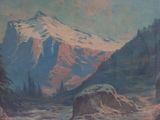 an oil painting of a mountain scene with a river running through it