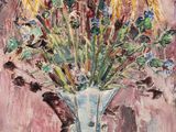 a painting of flowers in a vase on a table
