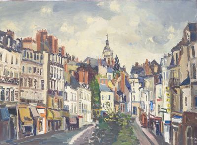 a painting of a city street with buildings on both sides of it