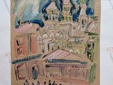 a drawing of a city with people walking on the street