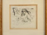 un dessin représentant une femme assise sur la plage, dans un cadre en bois