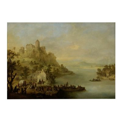 tableau représentant une scène fluviale avec, en arrière-plan, un château perché sur une colline