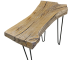 a wooden bench with hairpin legs on a white background
