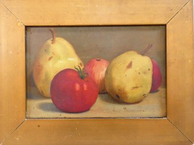 un tableau représentant des pommes et des poires, dans un cadre en bois